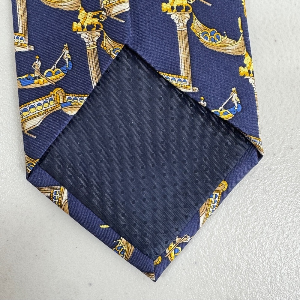 Trevisan Venezia Silk Elegant Navy and Gold Mens Tie Gondola Print Made in Italy - Picture 5 of 16
